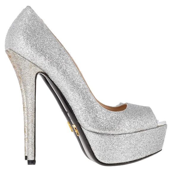 Prada Peep-Toe Platform Pumps in Silver Glitter - Picture 1 of 6